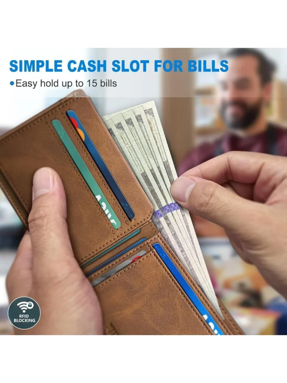 Slim Leather Bifold Wallet for Men, RFID Blocking, 2 ID Windows, 13 Card Slots